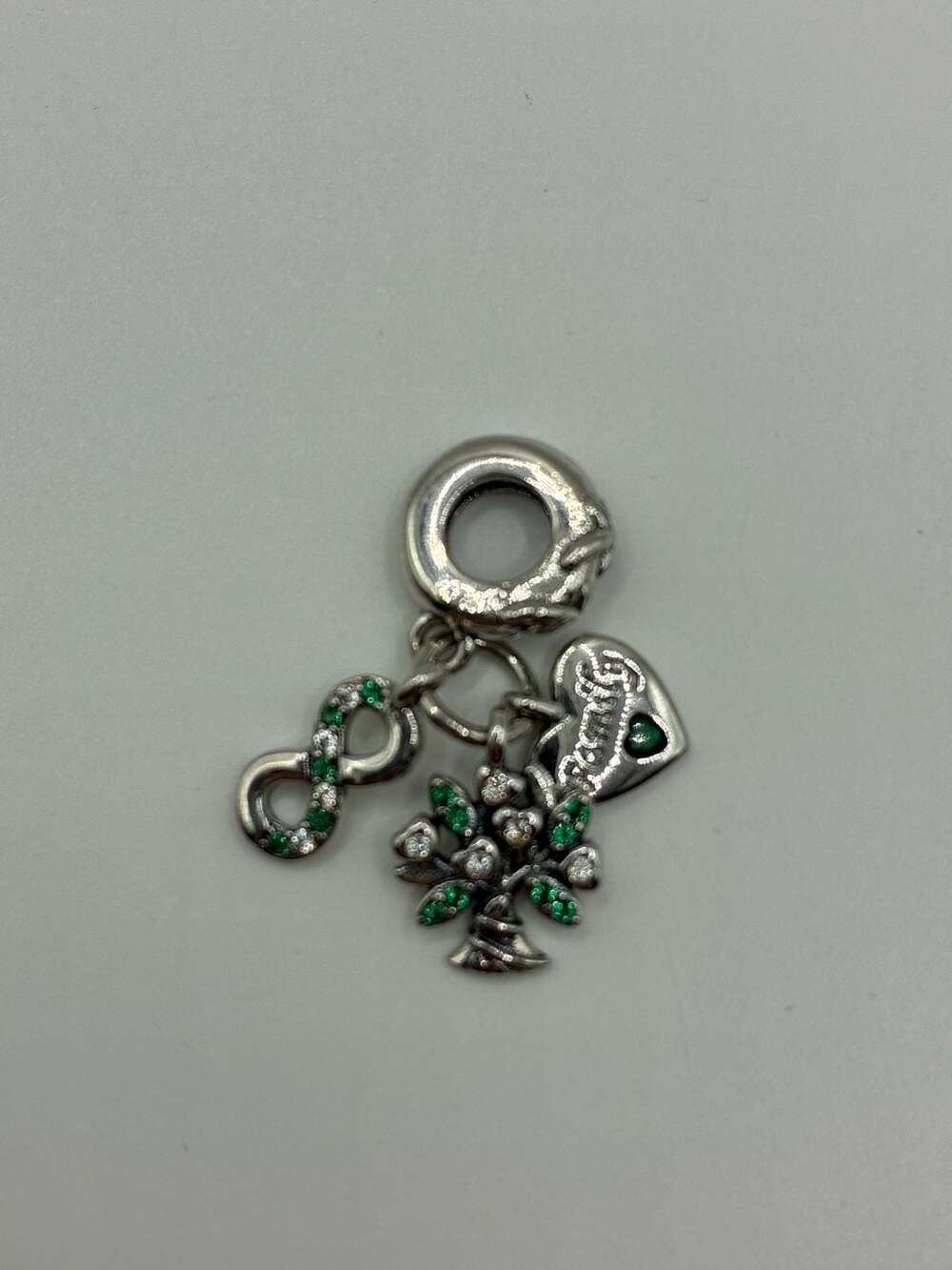 Family Tree Infinity and Green Heart Dangle Charm S925 Sterling Silver